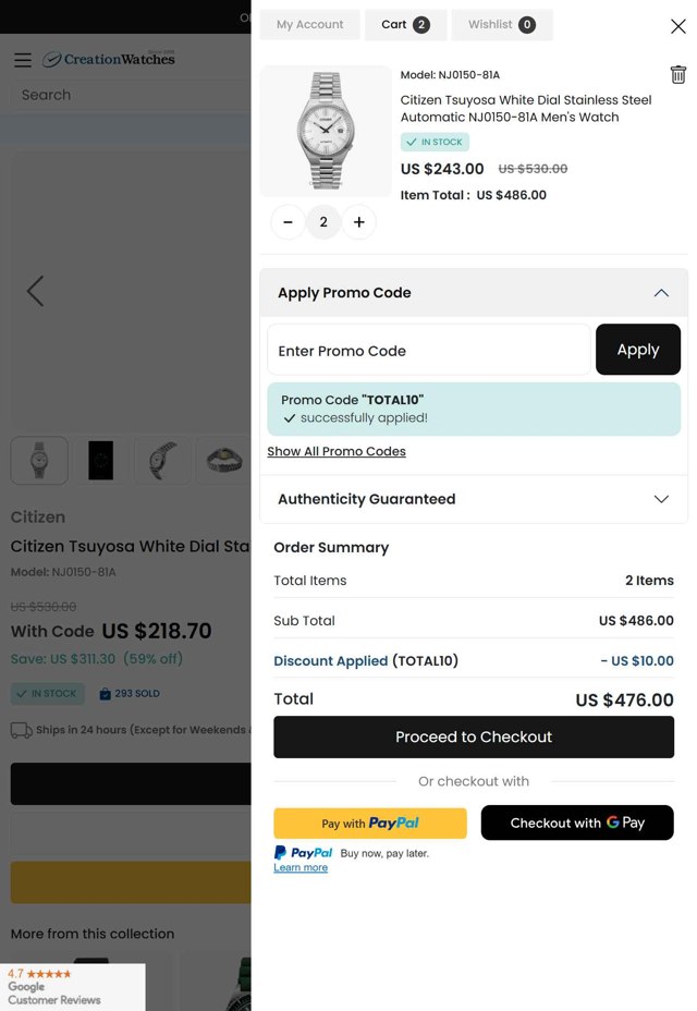 CreationWatches checkout page showing CreationWatches promo code box | Screenshot taken by SimplyCodes community member on Aug 31, 2025