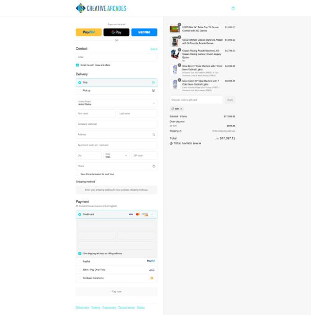 Creative Arcades checkout page showing Creative Arcades discount code box | Screenshot taken by SimplyCodes community member on Sep 11, 2025