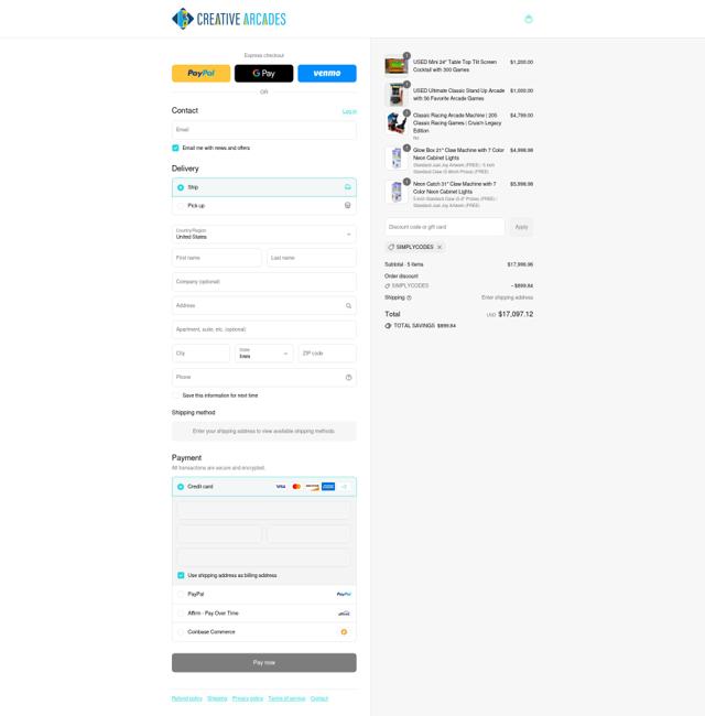 Creative Arcades checkout page showing Creative Arcades discount code box | Screenshot taken by SimplyCodes community member on Sep 8, 2025