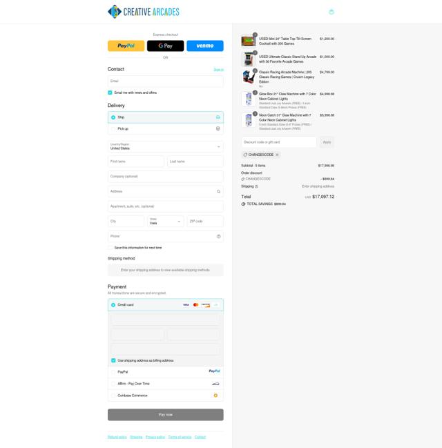 Creative Arcades checkout page showing Creative Arcades discount code box | Screenshot taken by SimplyCodes community member on Sep 11, 2025