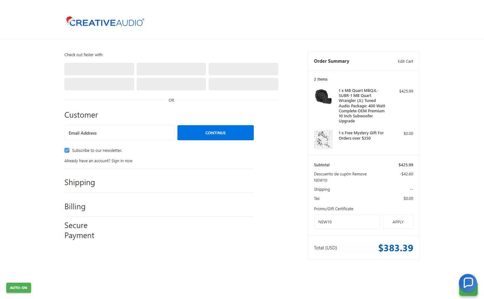 Creative Audio checkout page showing Creative Audio coupon code box | Screenshot taken by SimplyCodes community member on Dec 9, 2025
