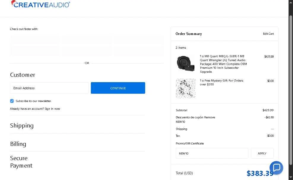 Creative Audio checkout page showing Creative Audio coupon code box | Screenshot taken by SimplyCodes community member on Dec 18, 2025