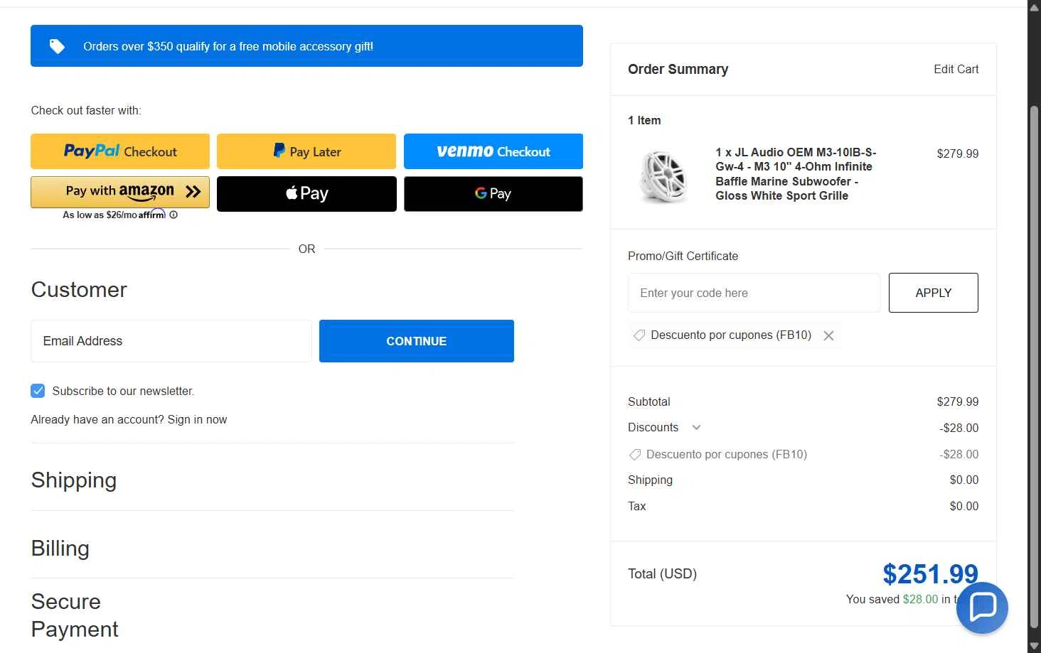 Creative Audio checkout page showing Creative Audio coupon code box | Screenshot taken by SimplyCodes community member on Jan 8, 2026