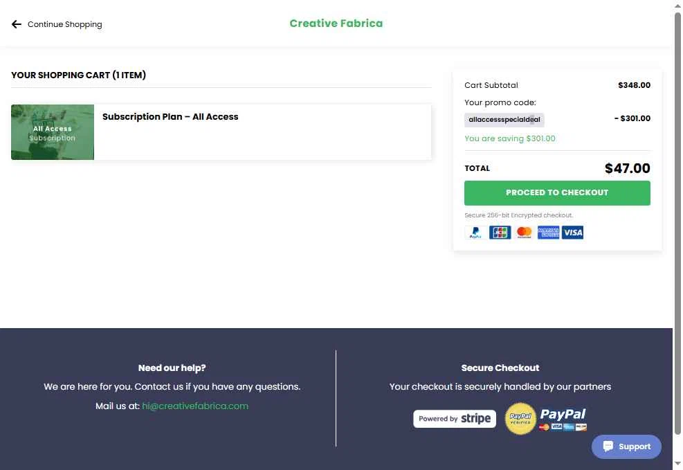 Creative Fabrica checkout page showing Creative Fabrica promo code box | Screenshot taken by SimplyCodes community member on Nov 4, 2025