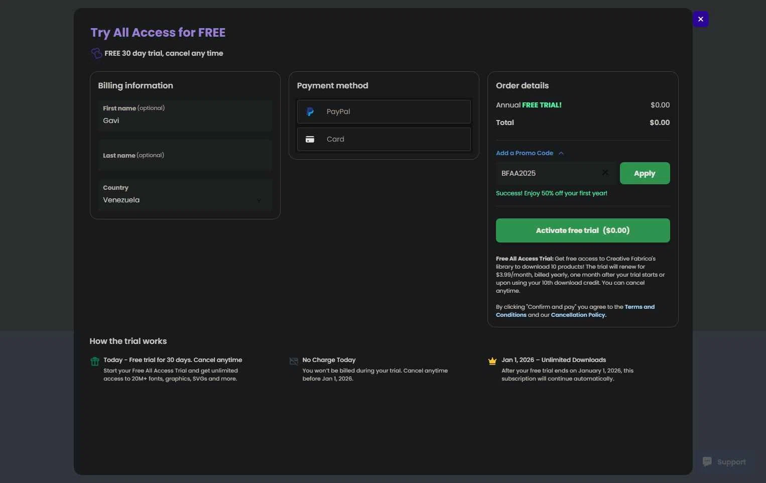Creative Fabrica checkout page showing Creative Fabrica promo code box | Screenshot taken by SimplyCodes community member on Dec 1, 2025