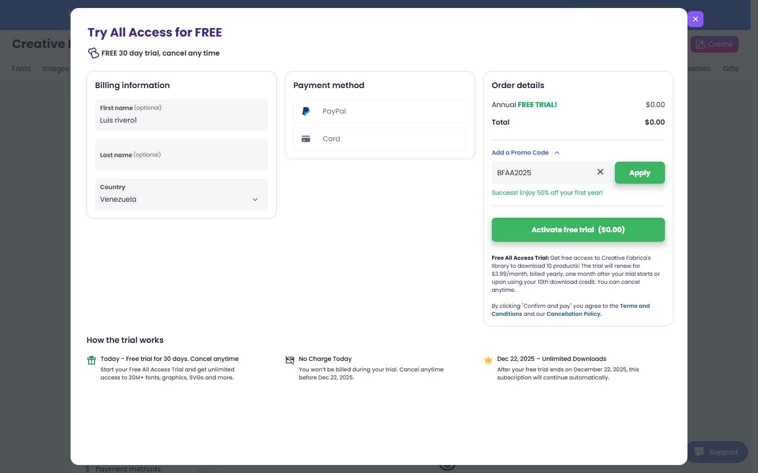 Creative Fabrica checkout page showing Creative Fabrica promo code box | Screenshot taken by SimplyCodes community member on Nov 22, 2025
