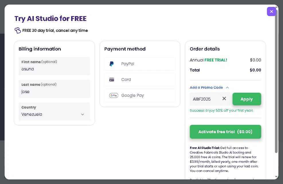 Creative Fabrica checkout page showing Creative Fabrica promo code box | Screenshot taken by SimplyCodes community member on Nov 29, 2025