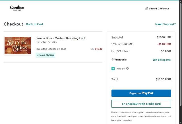 Creative Market checkout page showing Creative Market promo code box | Screenshot taken by SimplyCodes community member on Sep 12, 2025