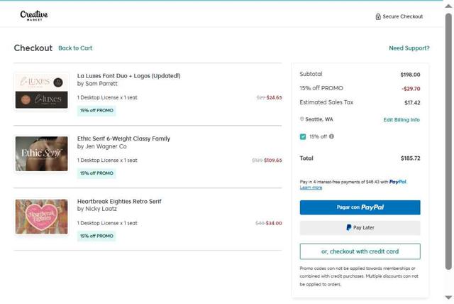 Creative Market checkout page showing Creative Market promo code box | Screenshot taken by SimplyCodes community member on Aug 13, 2025