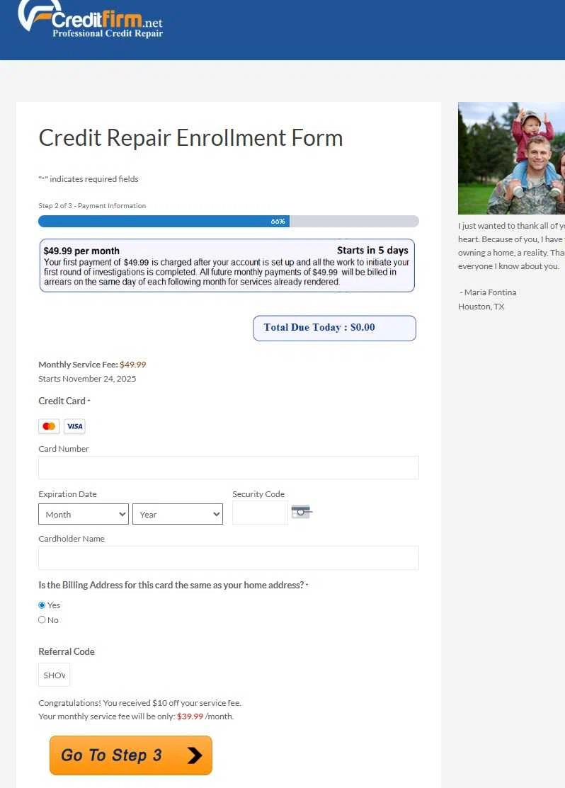 Credit Firm promo code screenshot showing code SHOWCASE applied at Credit Firm checkout page. Uploaded by SimplyCodes community member CleverCollector3021 on Nov 25, 2025