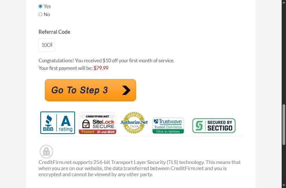 Credit Firm checkout page showing Credit Firm promo code box | Screenshot taken by SimplyCodes community member on Jul 21, 2025