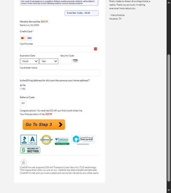 Credit Firm checkout page showing Credit Firm promo code box | Screenshot taken by SimplyCodes community member on Jul 21, 2025