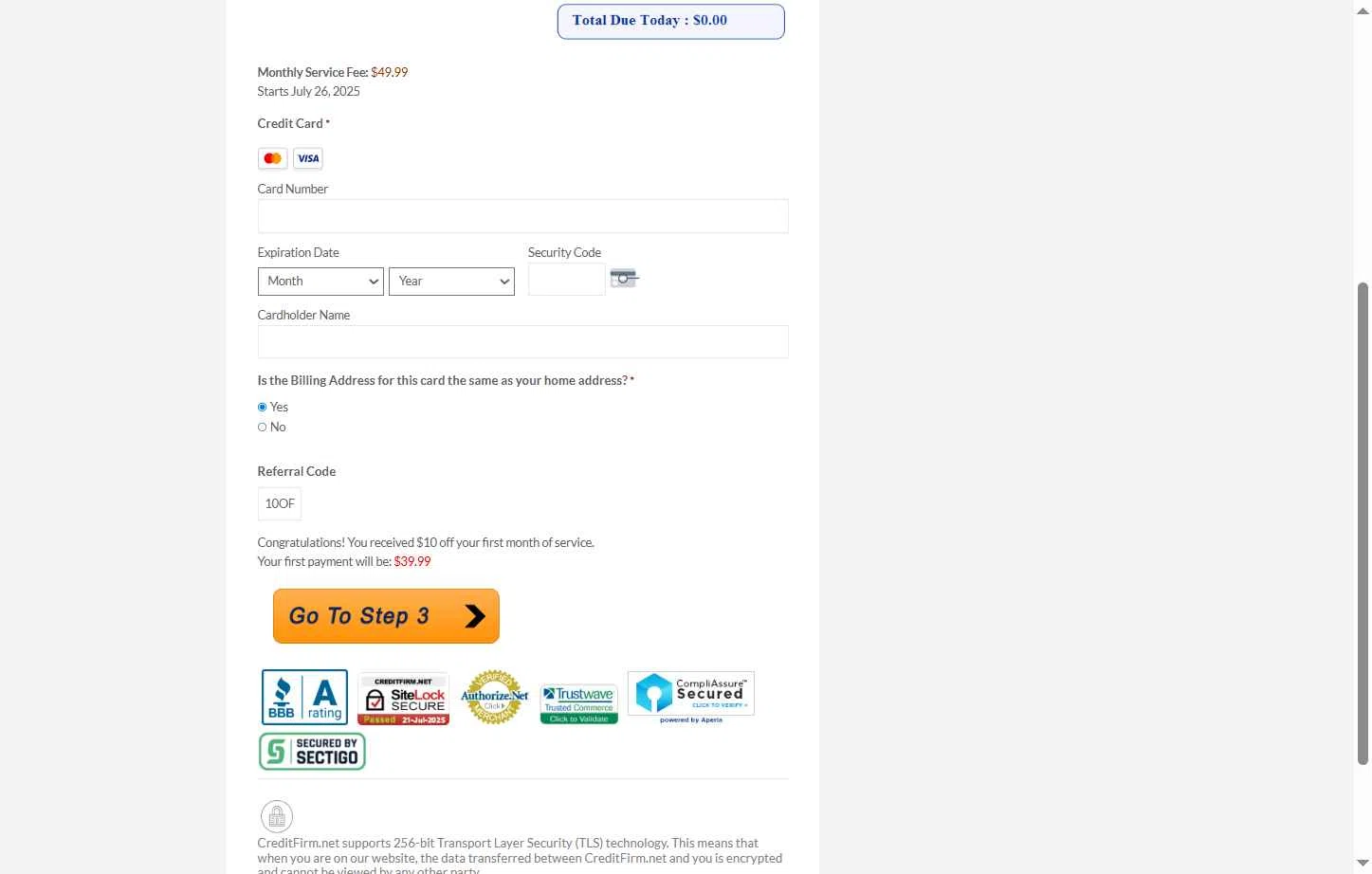 Credit Firm checkout page showing Credit Firm promo code box | Screenshot taken by SimplyCodes community member on Jul 21, 2025