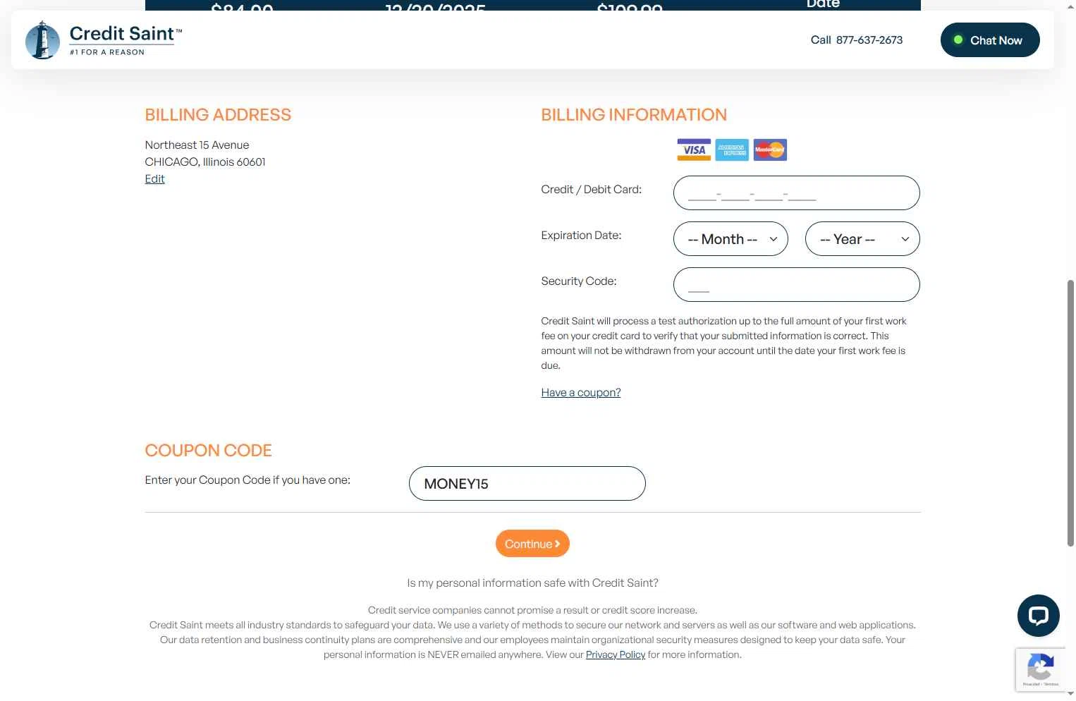 Credit Saint checkout page showing Credit Saint coupon code box | Screenshot taken by SimplyCodes community member on Dec 14, 2025