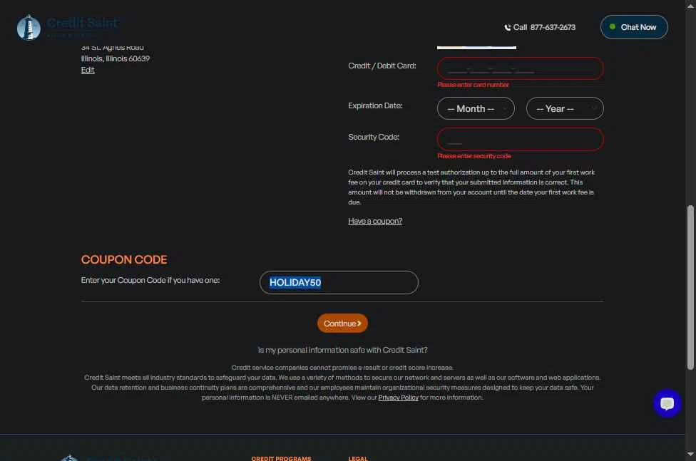 Credit Saint checkout page showing Credit Saint coupon code box | Screenshot taken by SimplyCodes community member on Jan 7, 2026