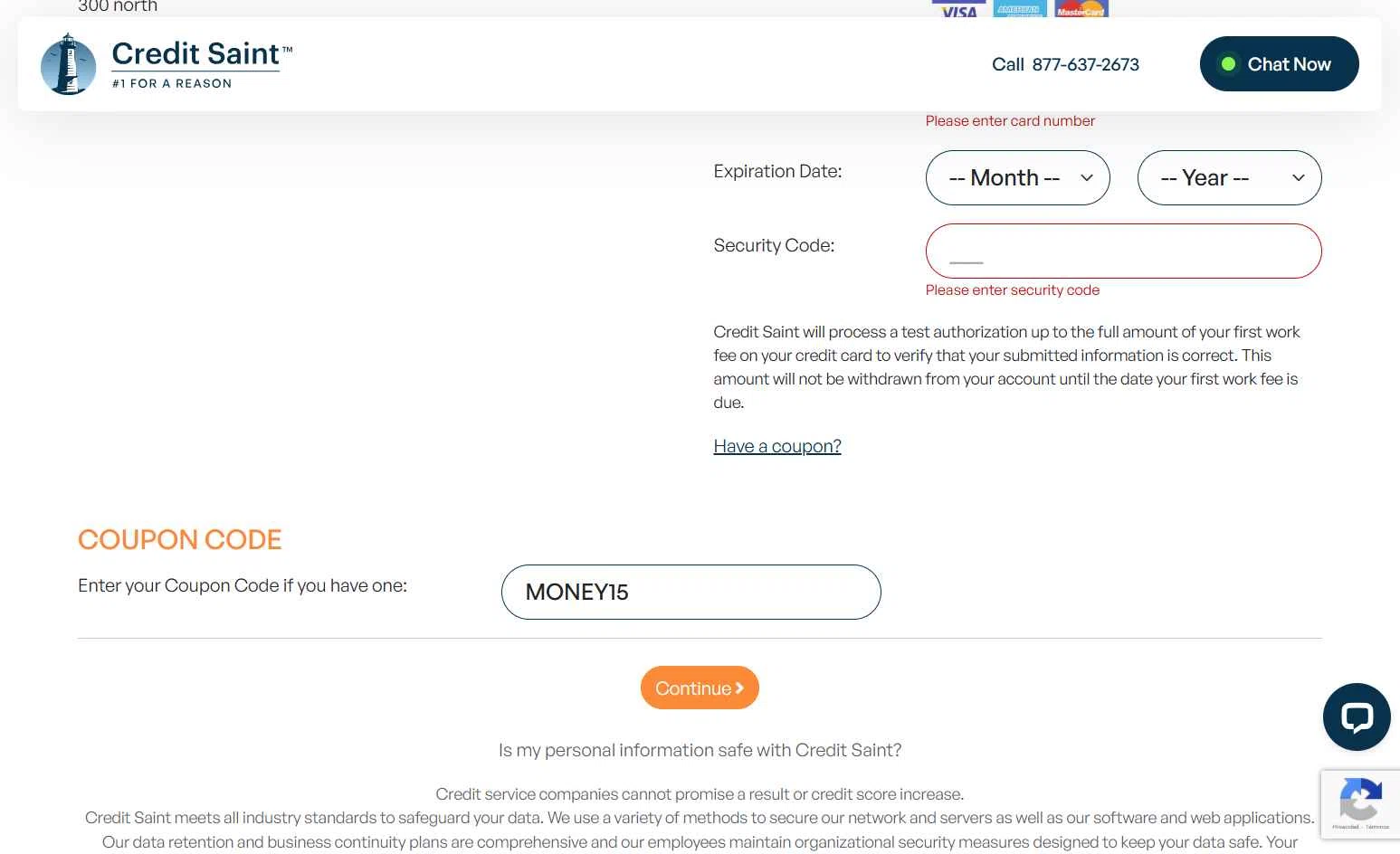 Credit Saint checkout page showing Credit Saint coupon code box | Screenshot taken by SimplyCodes community member on Jan 12, 2026