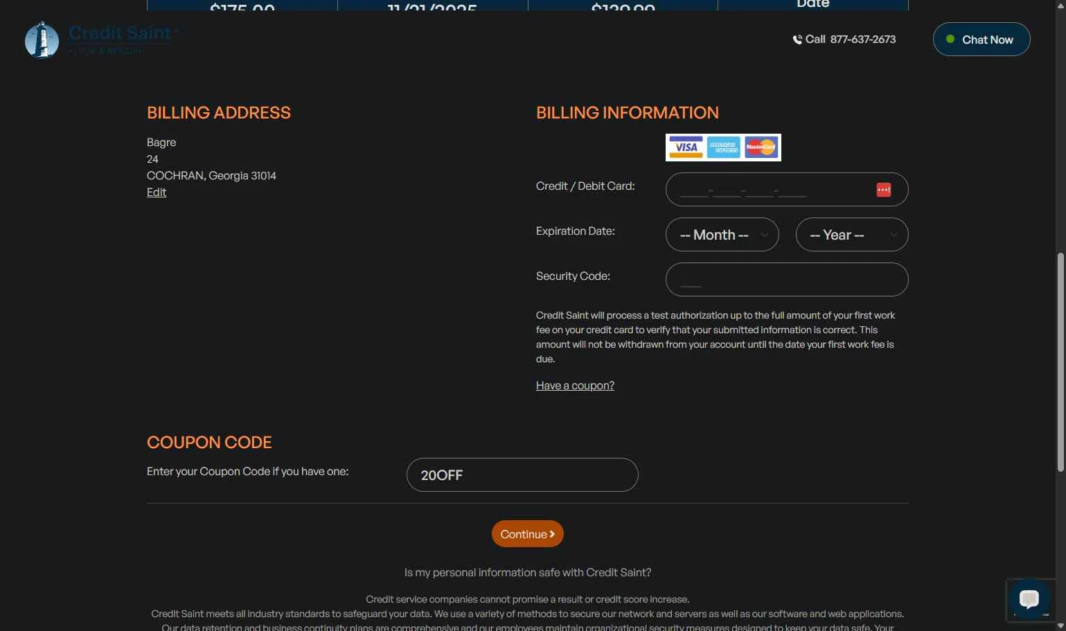 Credit Saint checkout page showing Credit Saint coupon code box | Screenshot taken by SimplyCodes community member on Nov 15, 2025