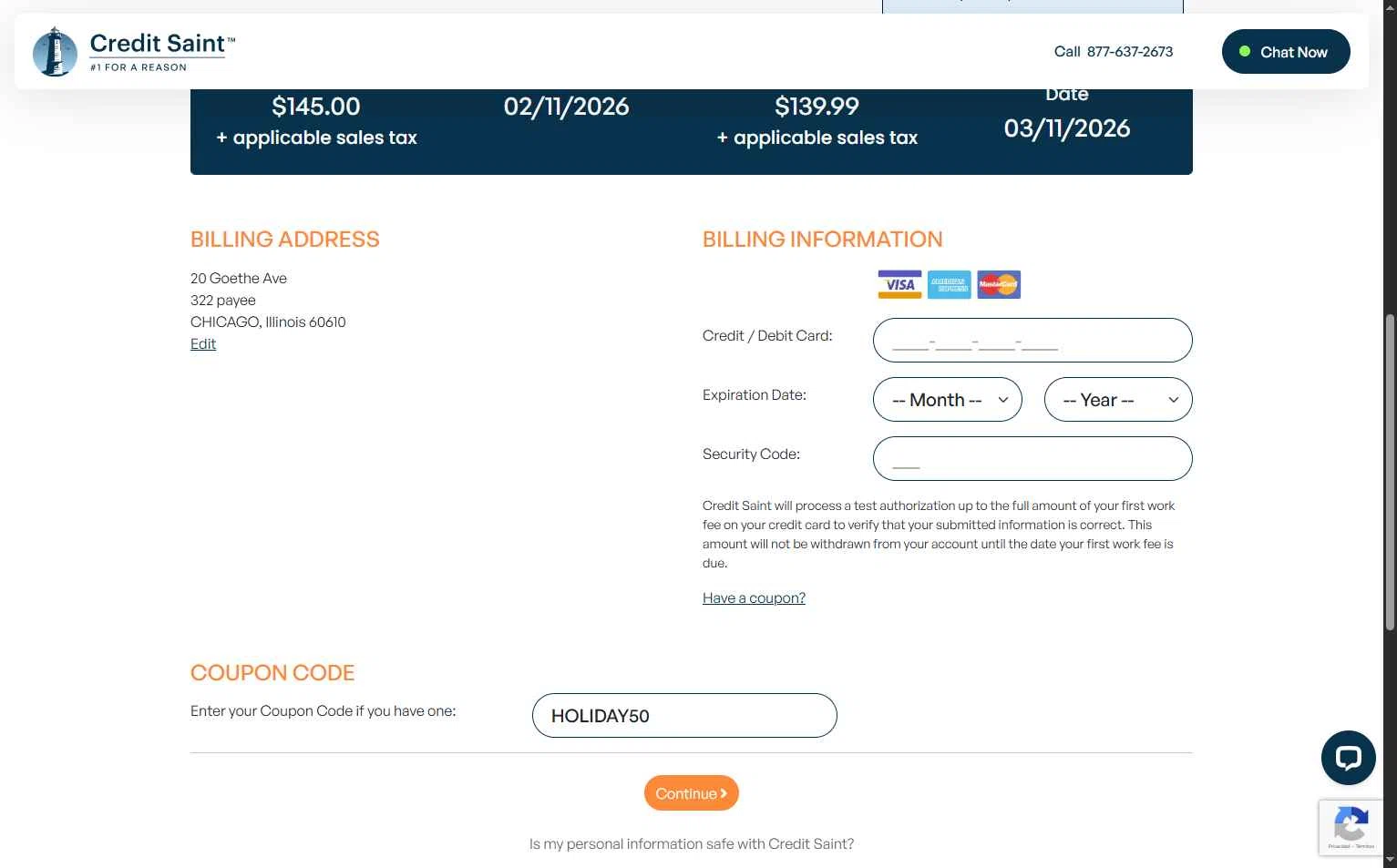 Credit Saint checkout page showing Credit Saint coupon code box | Screenshot taken by SimplyCodes community member on Feb 5, 2026