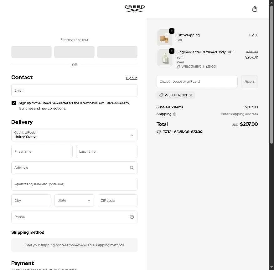 Creed checkout page showing Creed discount code box | Screenshot taken by SimplyCodes community member on Jan 28, 2026