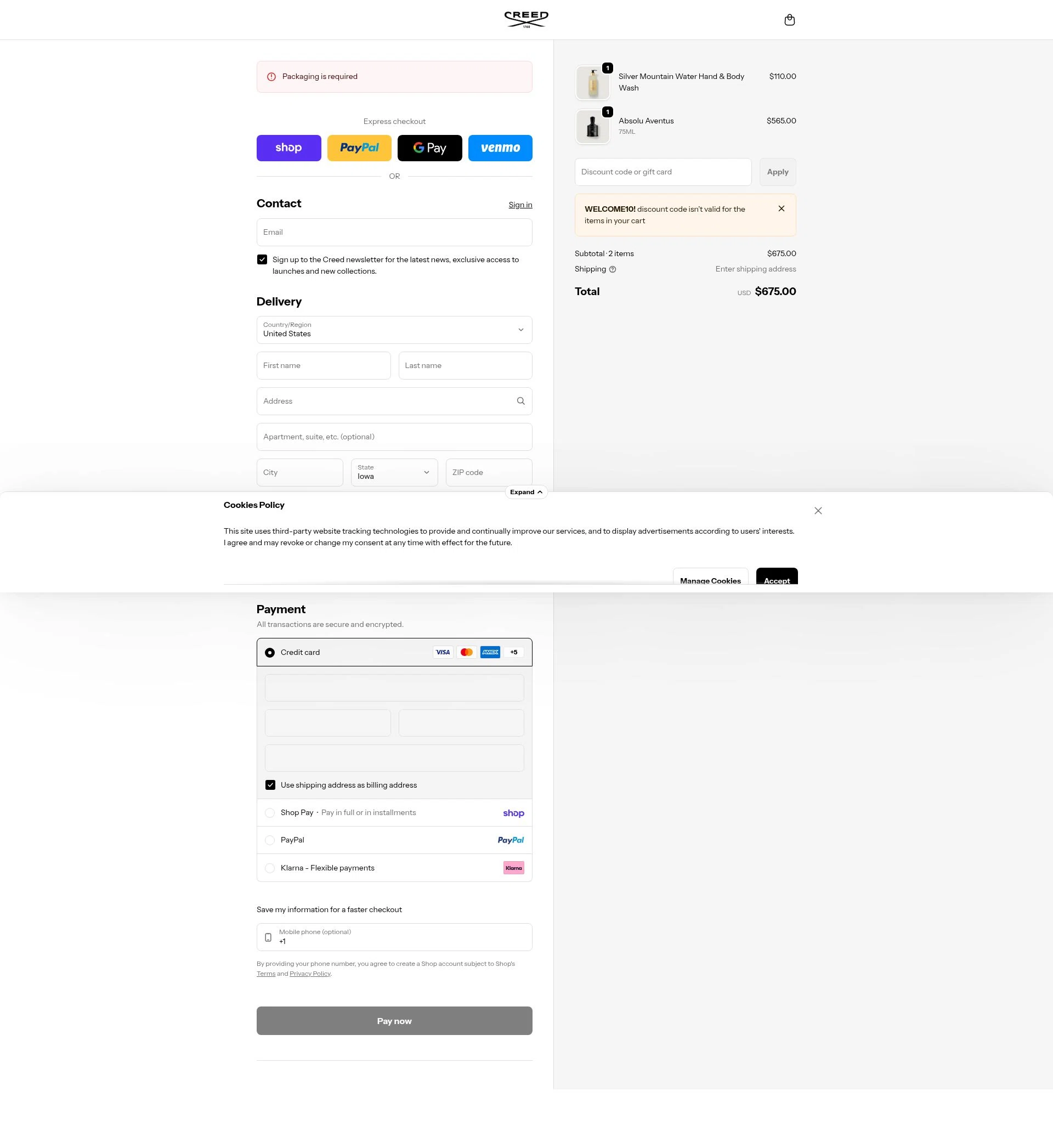 Creed checkout page showing Creed discount code box | Screenshot taken by SimplyCodes community member on Feb 10, 2026