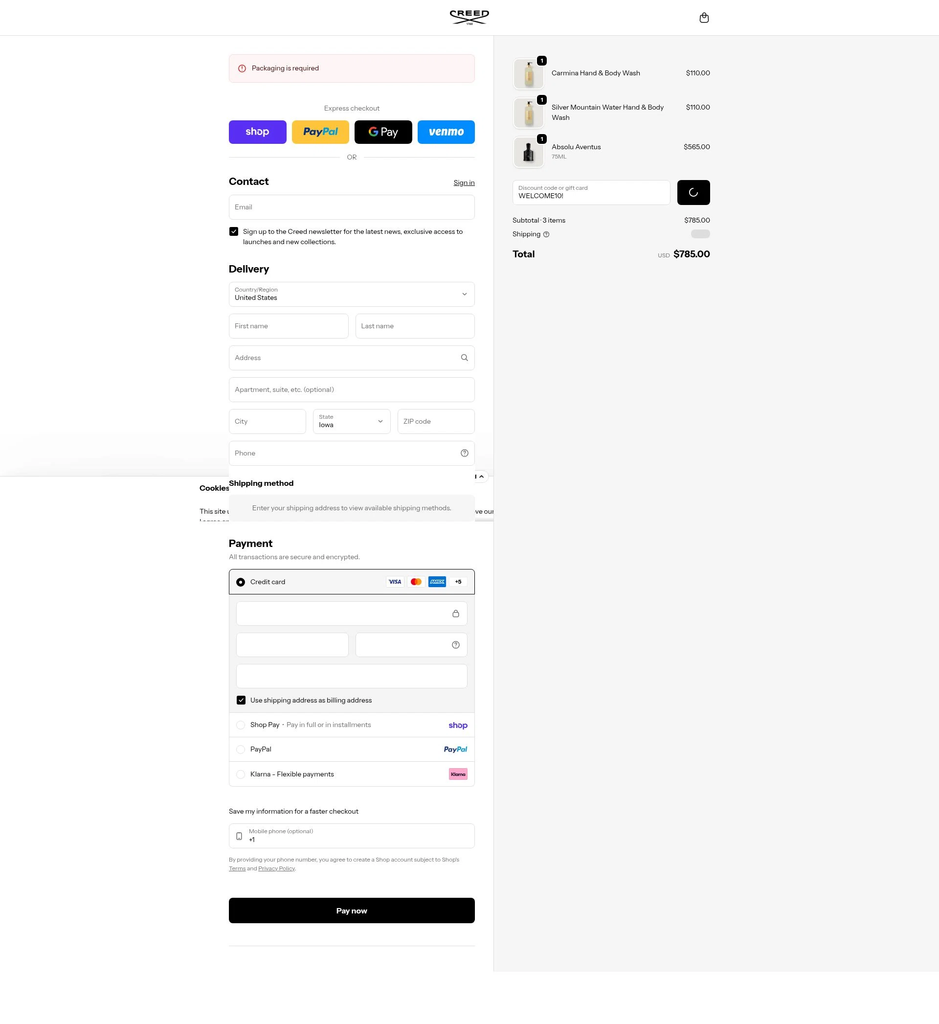 Creed checkout page showing Creed discount code box | Screenshot taken by SimplyCodes community member on Feb 6, 2026