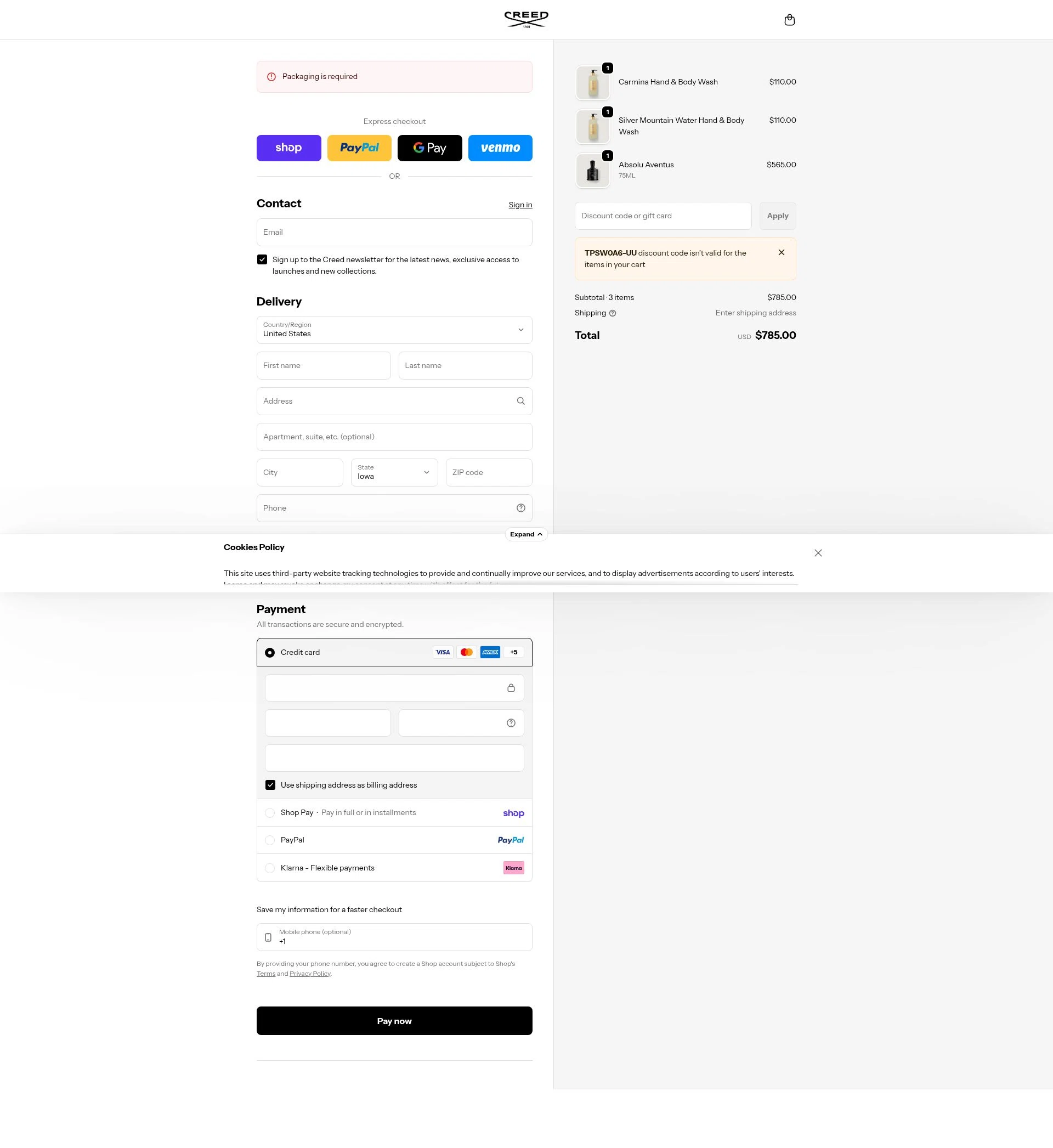 Creed checkout page showing Creed discount code box | Screenshot taken by SimplyCodes community member on Feb 1, 2026