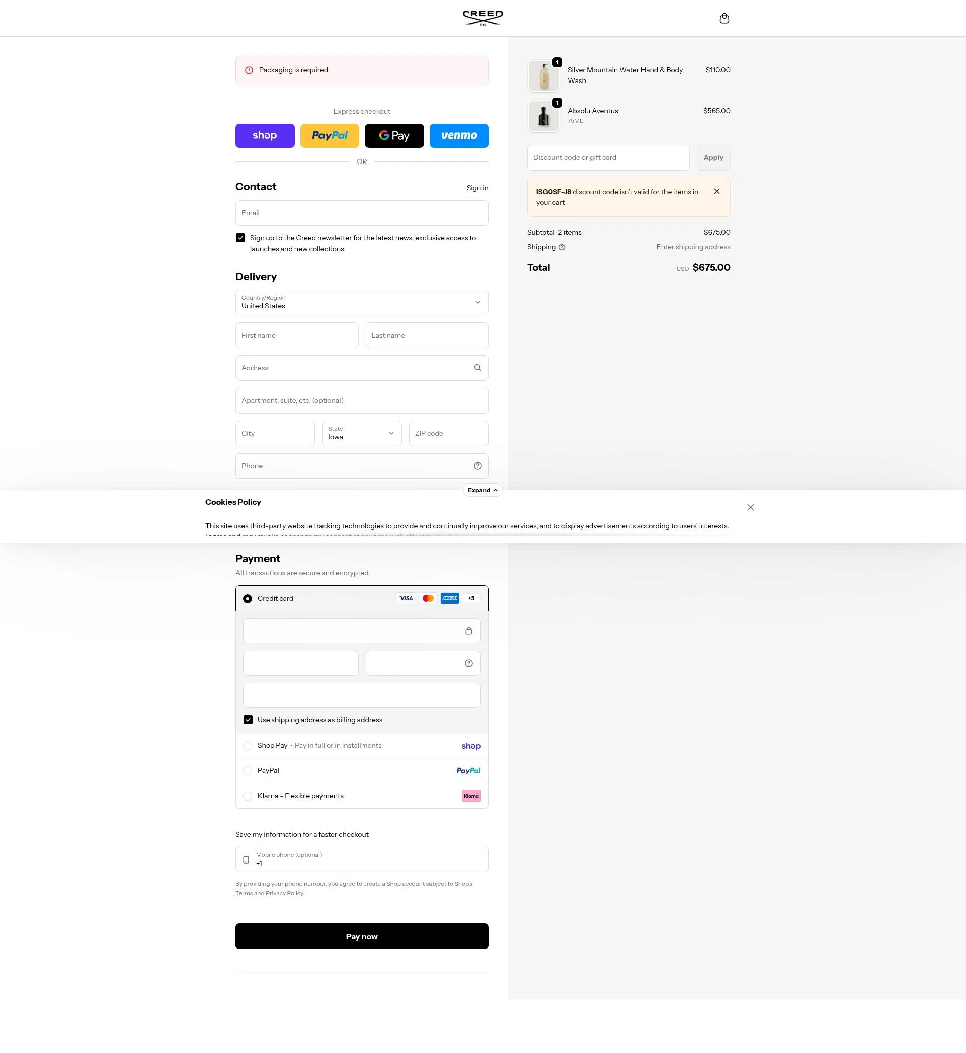 Creed checkout page showing Creed discount code box | Screenshot taken by SimplyCodes community member on Feb 10, 2026