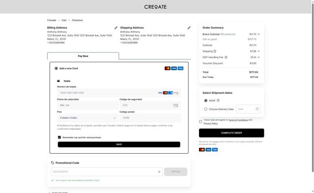 Creoate checkout page showing Creoate discount code box | Screenshot taken by SimplyCodes community member on Sep 15, 2025
