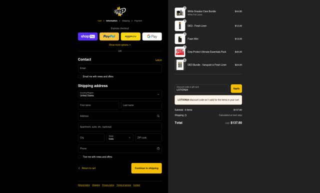 Crep Protect checkout page showing Crep Protect promo code box | Screenshot taken by SimplyCodes community member on Aug 26, 2025