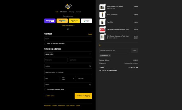 Crep Protect checkout page showing Crep Protect promo code box | Screenshot taken by SimplyCodes community member on Aug 26, 2025