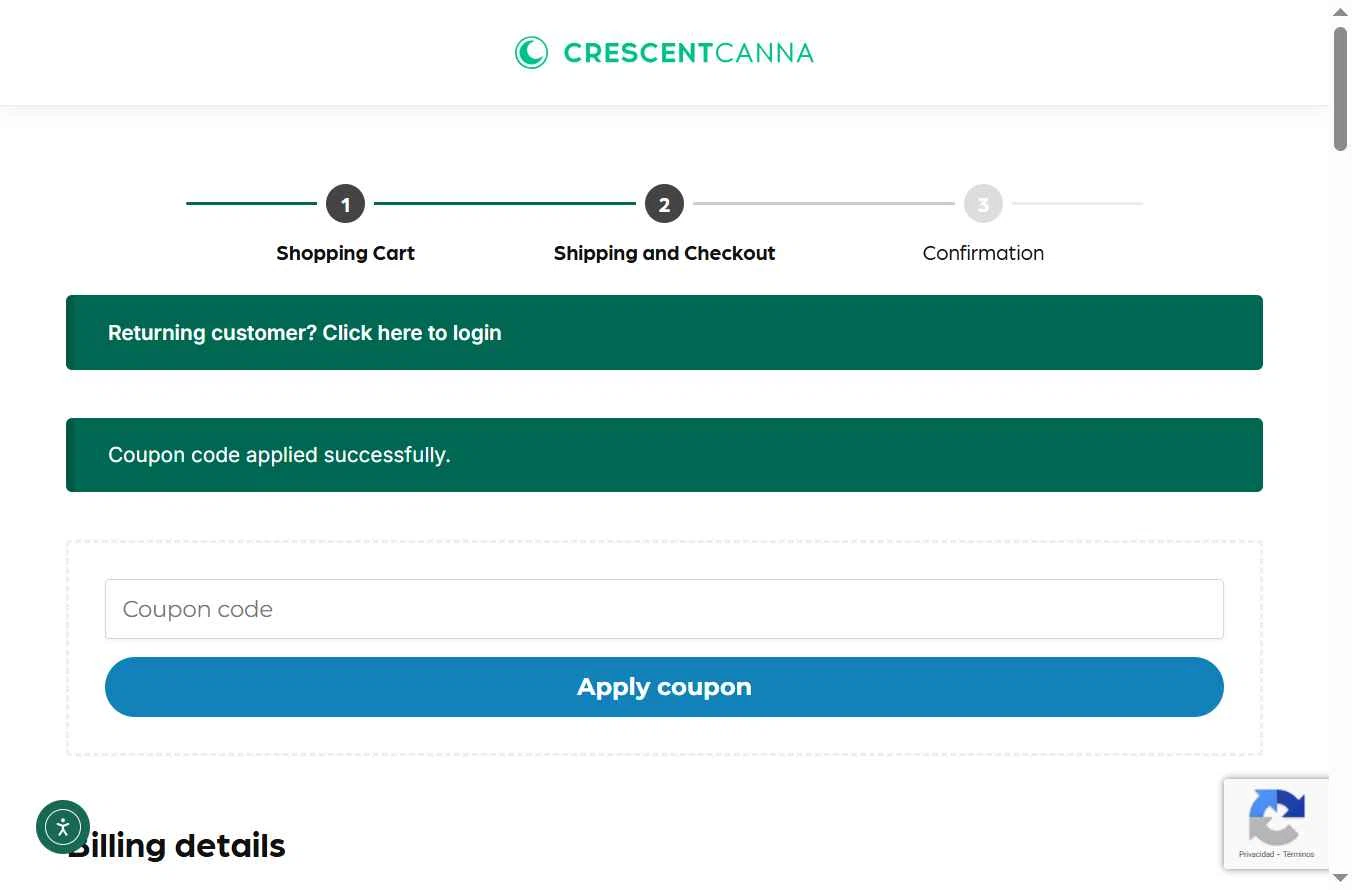 Crescent Canna checkout page showing Crescent Canna coupon code box | Screenshot taken by SimplyCodes community member on Jan 16, 2026