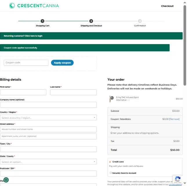 Crescent Canna checkout page showing Crescent Canna coupon code box | Screenshot taken by SimplyCodes community member on Feb 7, 2026