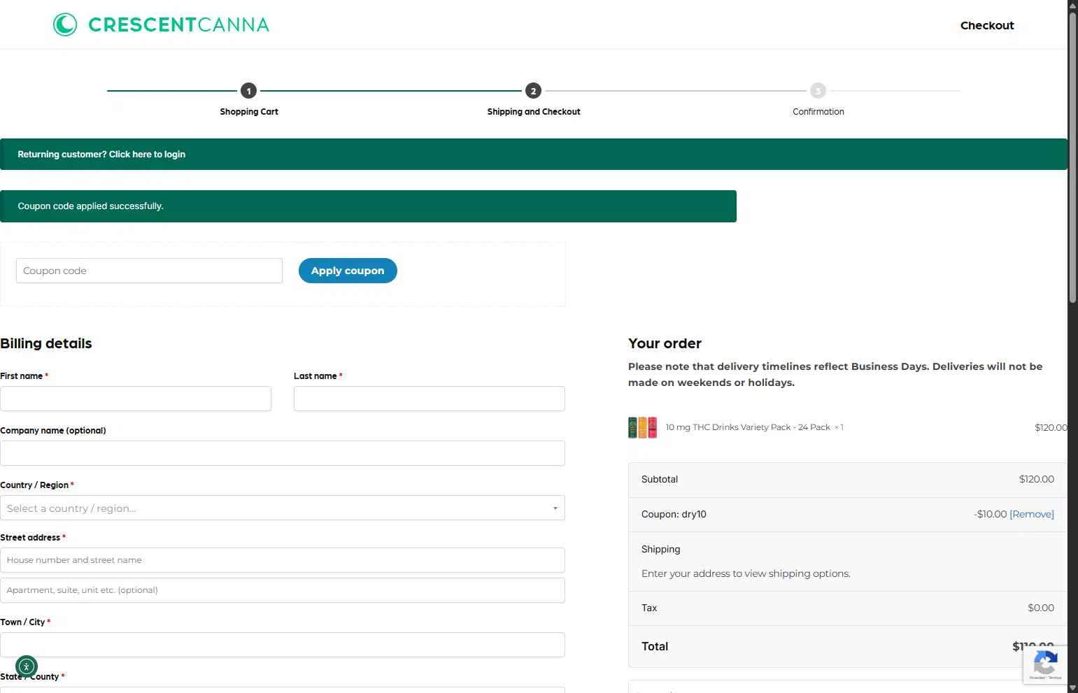 Crescent Canna checkout page showing Crescent Canna coupon code box | Screenshot taken by SimplyCodes community member on Jan 28, 2026