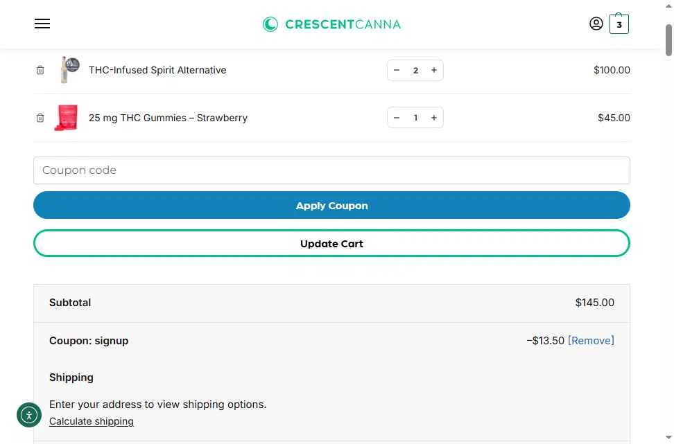 Crescent Canna checkout page showing Crescent Canna coupon code box | Screenshot taken by SimplyCodes community member on Jan 5, 2026
