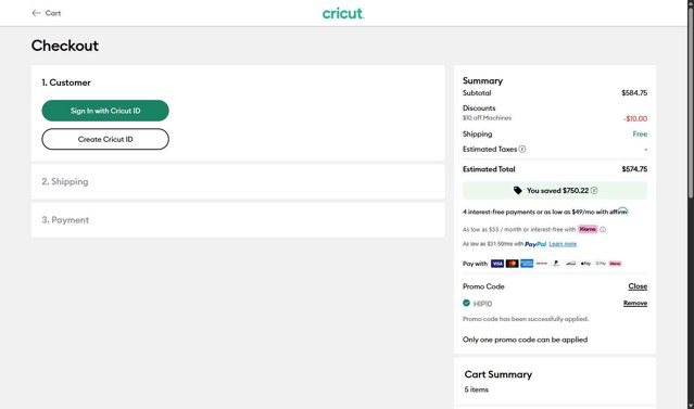 Cricut checkout page showing Cricut coupon code box | Screenshot taken by SimplyCodes community member on Sep 7, 2025