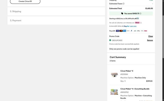 Cricut checkout page showing Cricut coupon code box | Screenshot taken by SimplyCodes community member on Oct 2, 2025