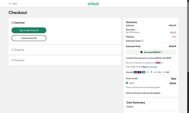 Cricut checkout page showing Cricut coupon code box | Screenshot taken by SimplyCodes community member on Oct 1, 2025