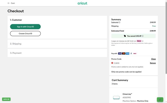 Cricut checkout page showing Cricut coupon code box | Screenshot taken by SimplyCodes community member on Sep 4, 2025