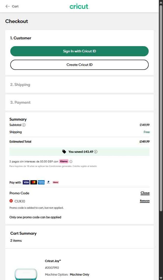 Cricut checkout page showing Cricut coupon code box | Screenshot taken by SimplyCodes community member on Oct 3, 2025