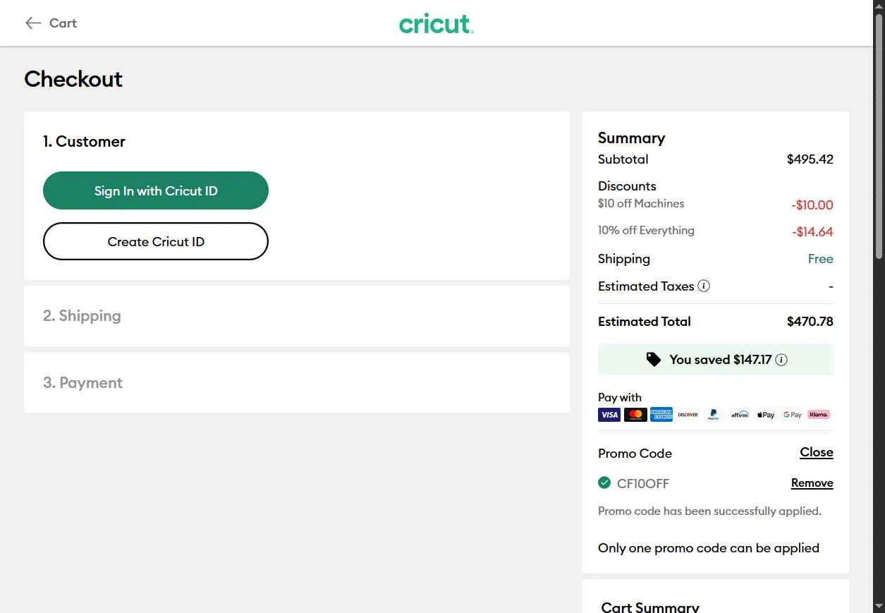 Cricut checkout page showing Cricut coupon code box | Screenshot taken by SimplyCodes community member on Jan 12, 2026