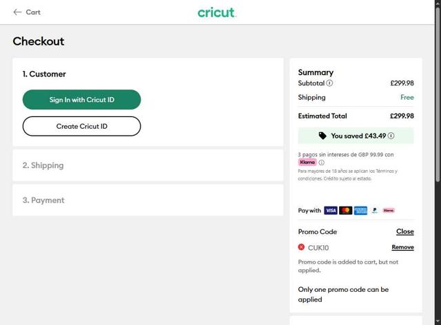 Cricut checkout page showing Cricut coupon code box | Screenshot taken by SimplyCodes community member on Oct 3, 2025