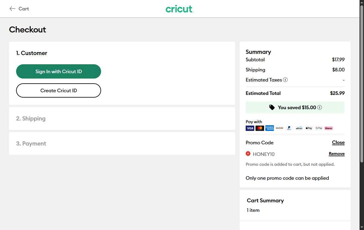 Cricut checkout page showing Cricut coupon code box | Screenshot taken by SimplyCodes community member on Jan 6, 2026