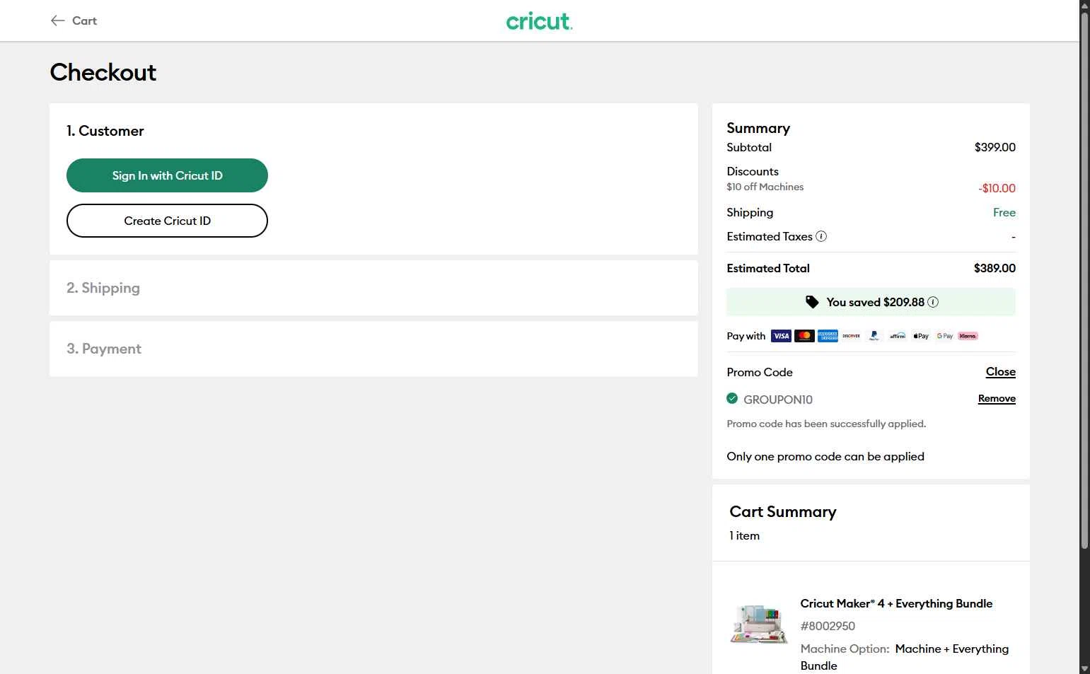 Cricut checkout page showing Cricut coupon code box | Screenshot taken by SimplyCodes community member on Dec 22, 2025