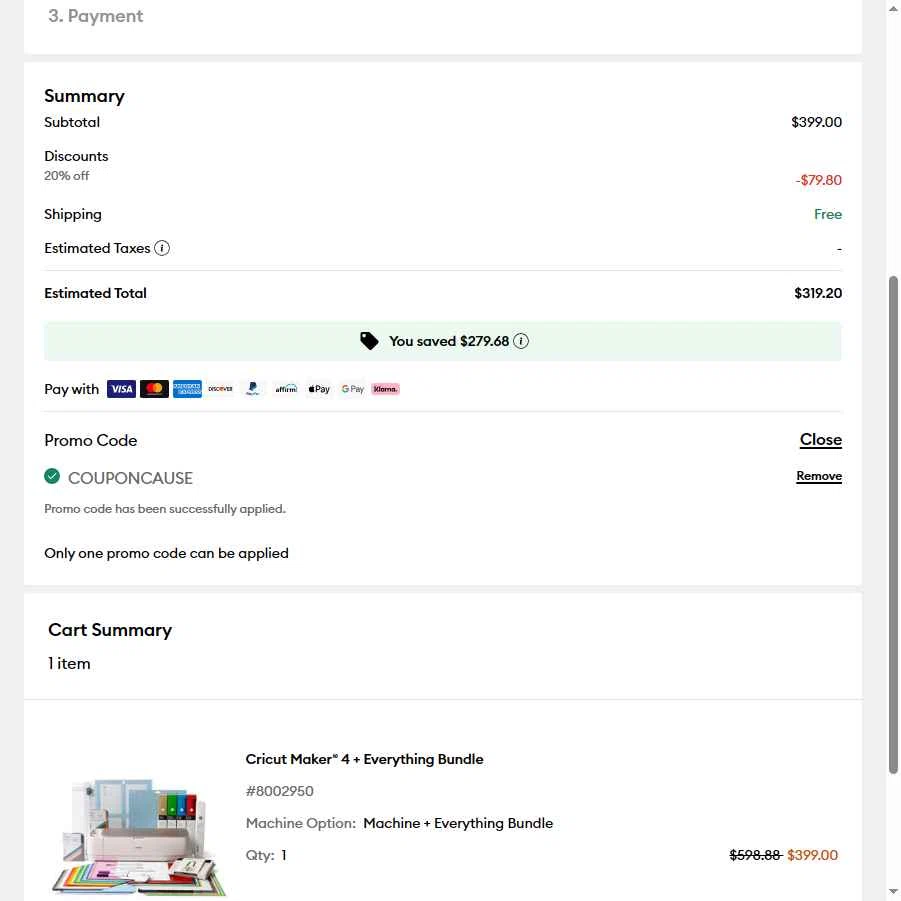 Cricut checkout page showing Cricut coupon code box | Screenshot taken by SimplyCodes community member on Dec 26, 2025