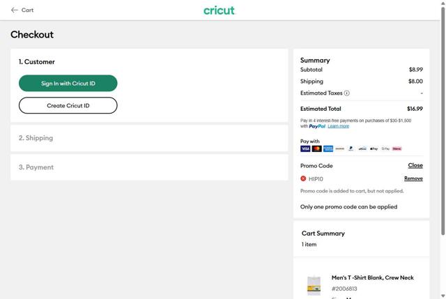 Cricut checkout page showing Cricut coupon code box | Screenshot taken by SimplyCodes community member on Oct 1, 2025