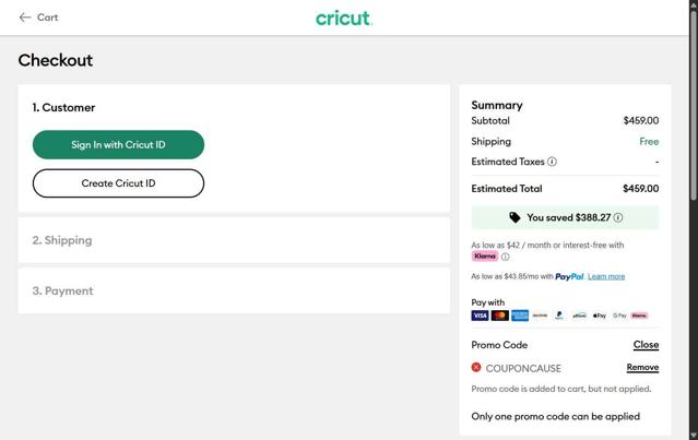 Cricut checkout page showing Cricut coupon code box | Screenshot taken by SimplyCodes community member on Oct 3, 2025