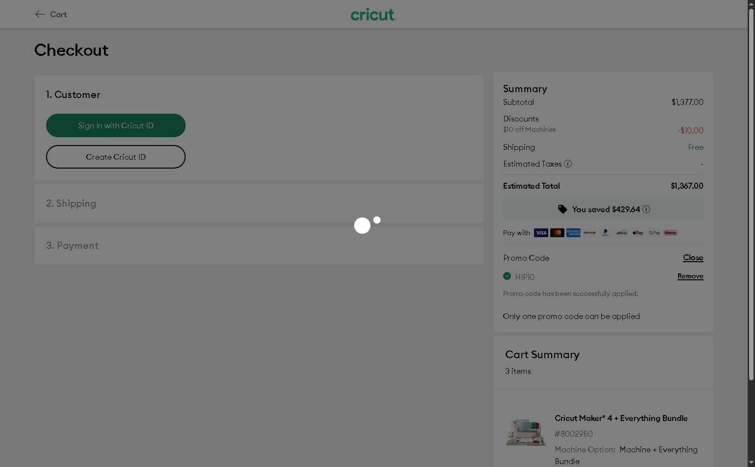 Cricut checkout page showing Cricut coupon code box | Screenshot taken by SimplyCodes community member on Feb 16, 2026