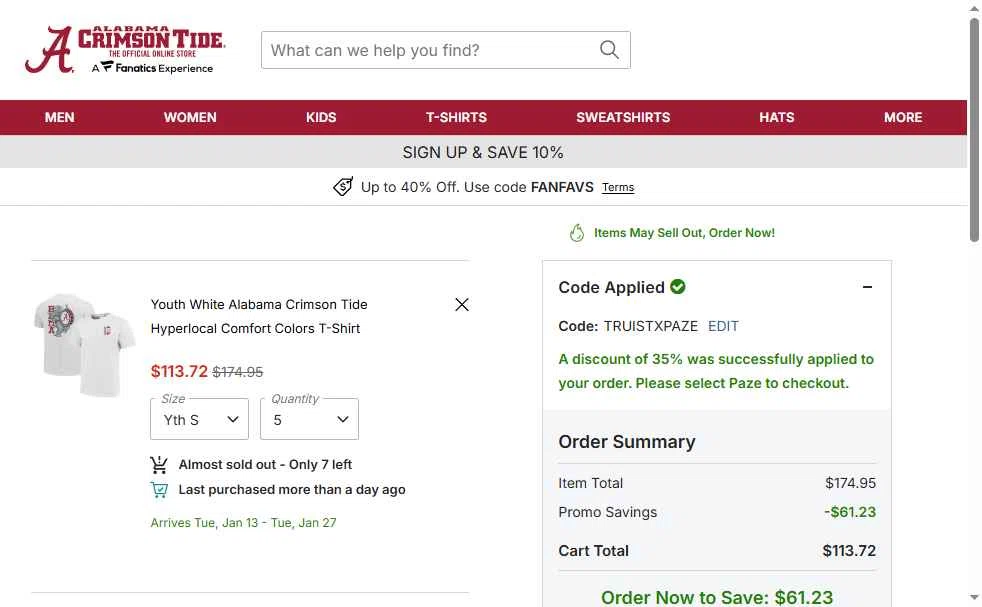 Alabama Crimson Tide Online Store checkout page showing Alabama Crimson Tide Online Store promo code box | Screenshot taken by SimplyCodes community member on Dec 27, 2025