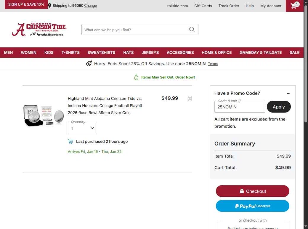 Alabama Crimson Tide Online Store checkout page showing Alabama Crimson Tide Online Store promo code box | Screenshot taken by SimplyCodes community member on Jan 6, 2026