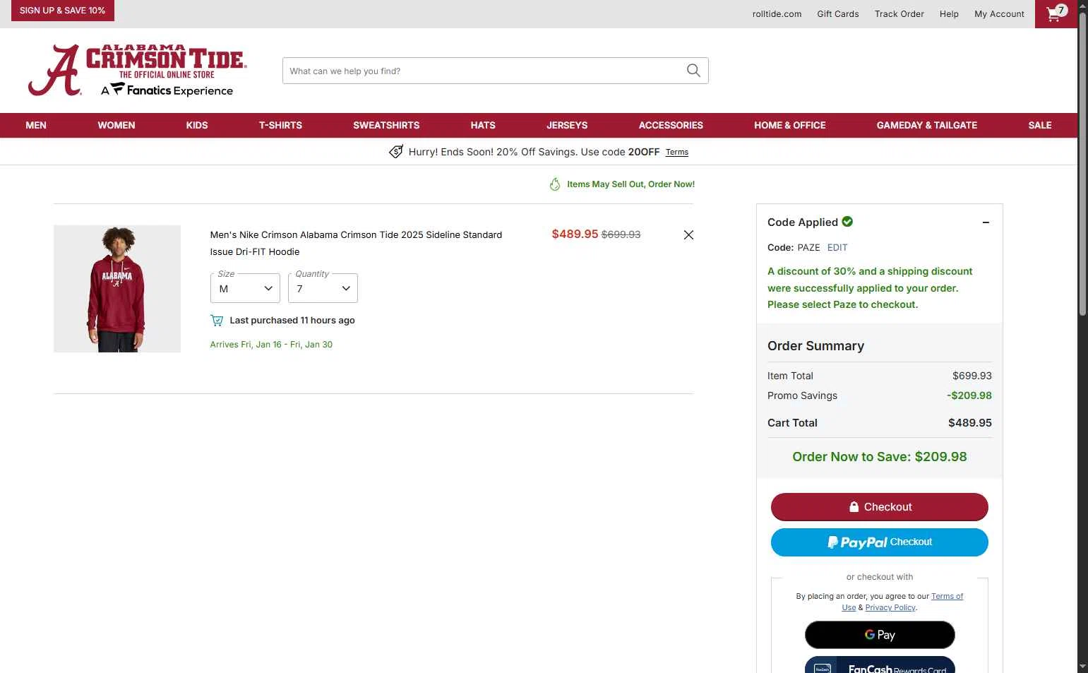 Alabama Crimson Tide Online Store checkout page showing Alabama Crimson Tide Online Store promo code box | Screenshot taken by SimplyCodes community member on Dec 31, 2025